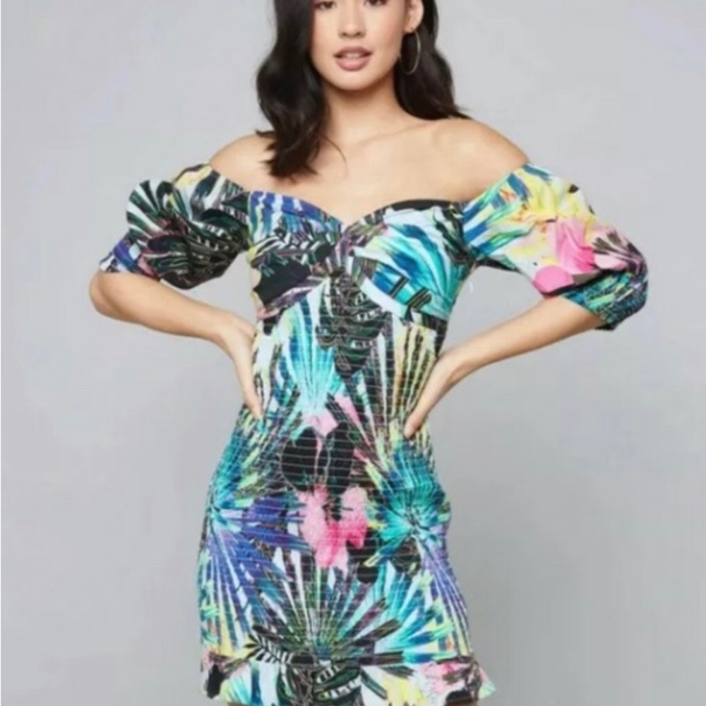 💋 Bebe dress colorful off shoulder floral M dress new RARE💋